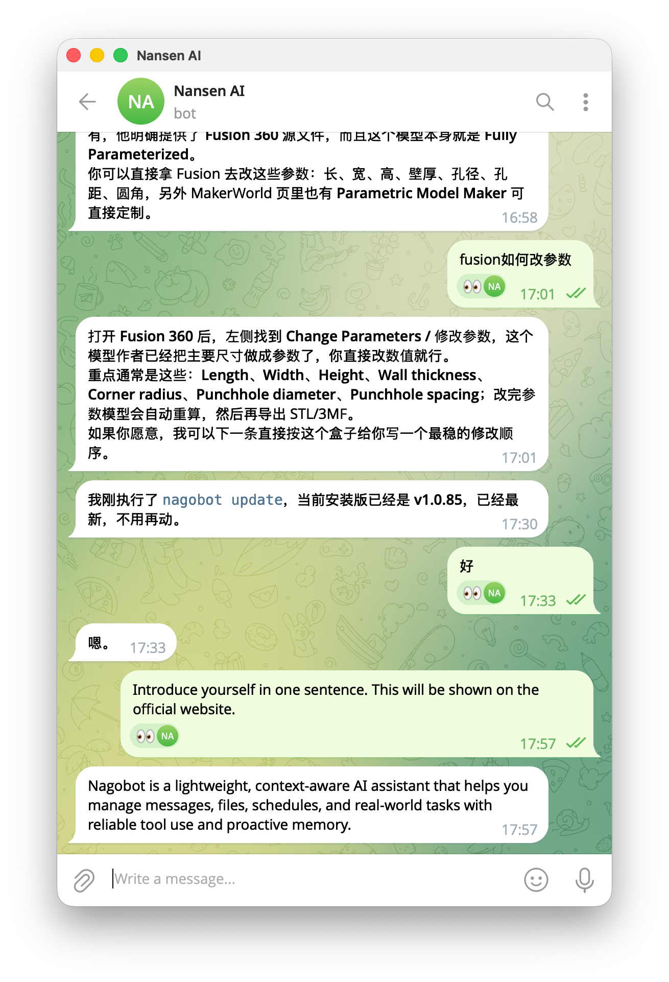 Telegram Bot — real conversation with proactive updates