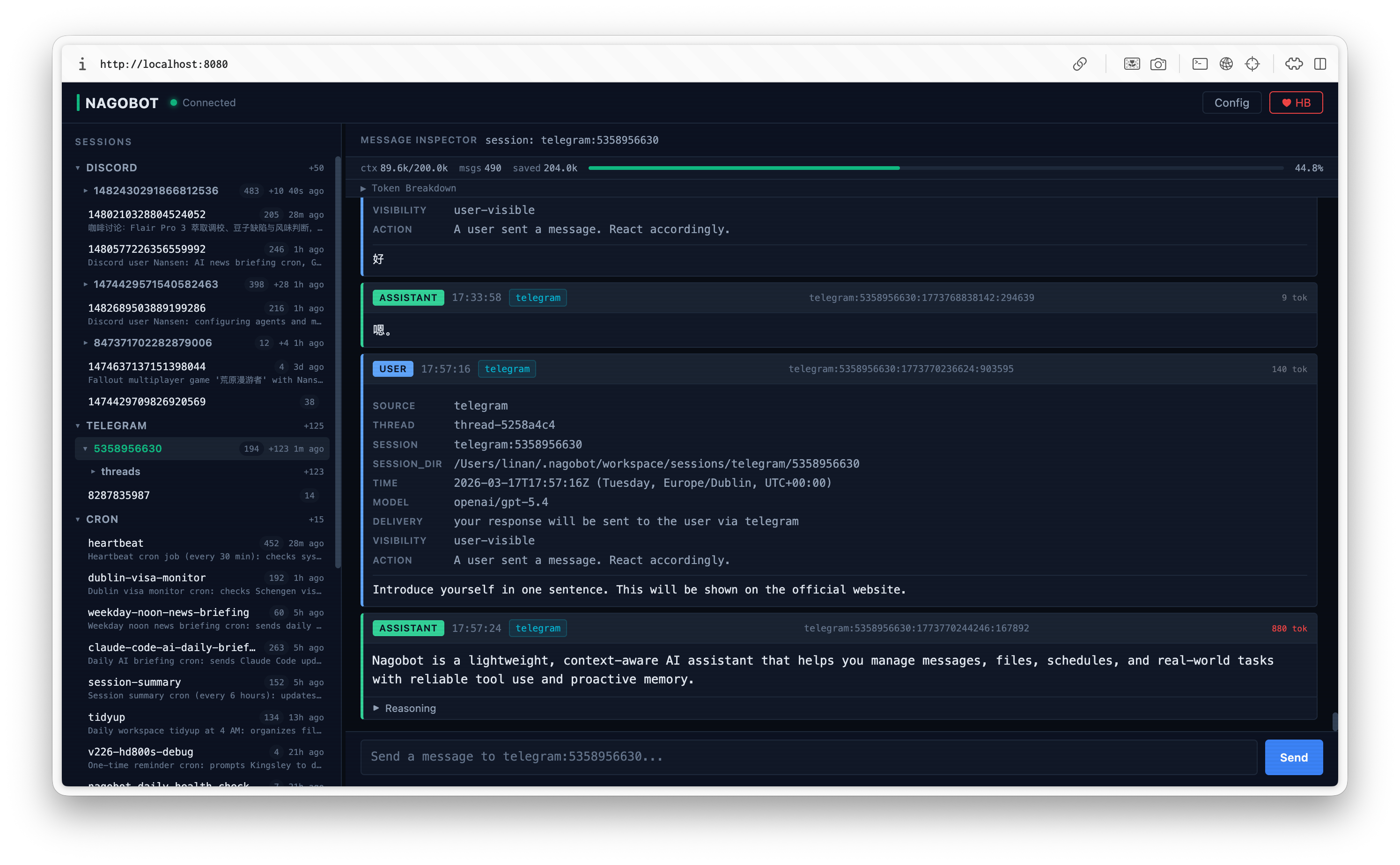 Web Dashboard — session inspector, message history, token stats